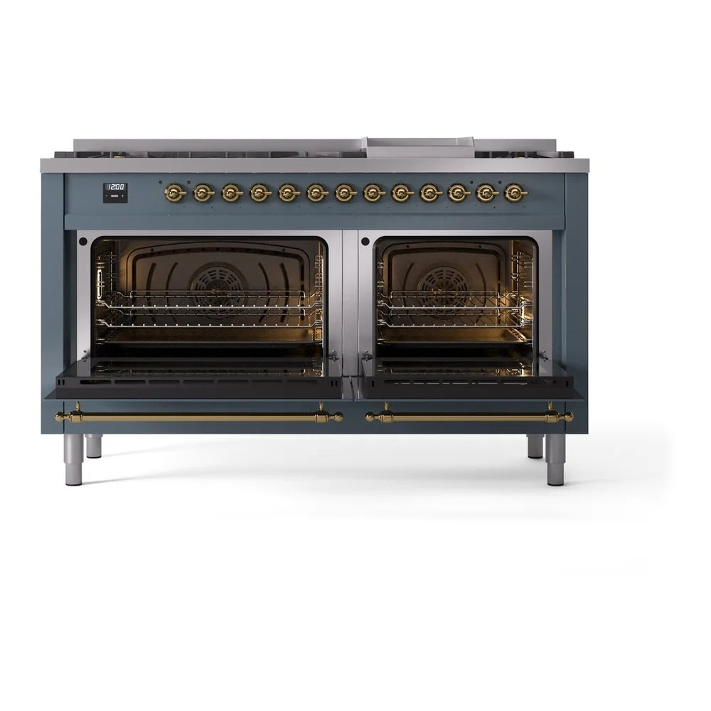 ILVE Nostalgie II 60" Dual Fuel Freestanding Range in Blue Grey with Brass Trim, UP60FNMPBGG