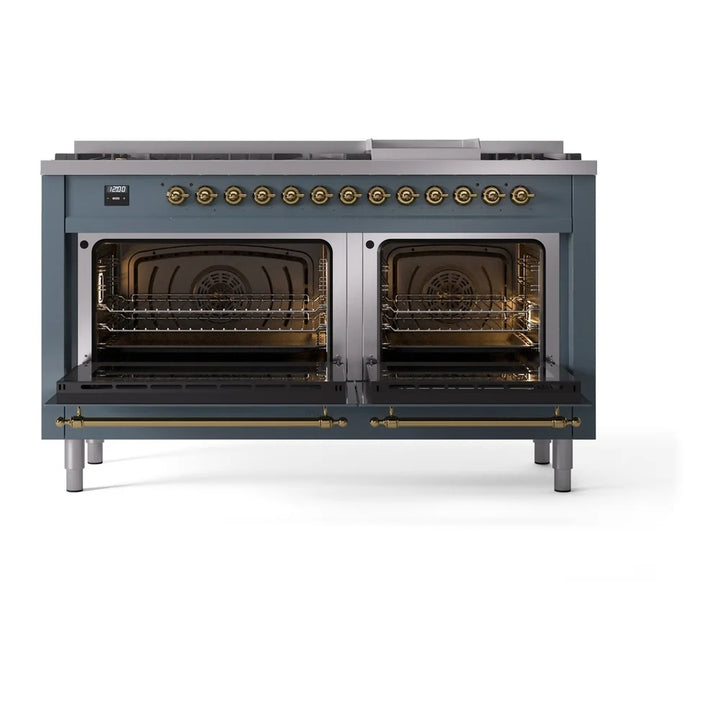 ILVE Nostalgie II 60" Dual Fuel Freestanding Range in Blue Grey with Brass Trim, UP60FNMPBGG