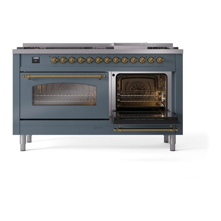 ILVE Nostalgie II 60" Dual Fuel Freestanding Range in Blue Grey with Brass Trim, UP60FNMPBGG