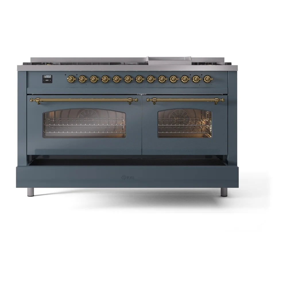 ILVE Nostalgie II 60" Dual Fuel Freestanding Range in Blue Grey with Brass Trim, UP60FNMPBGG