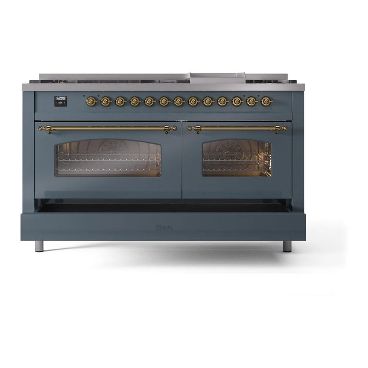 ILVE Nostalgie II 60" Dual Fuel Freestanding Range in Blue Grey with Brass Trim, UP60FNMPBGG
