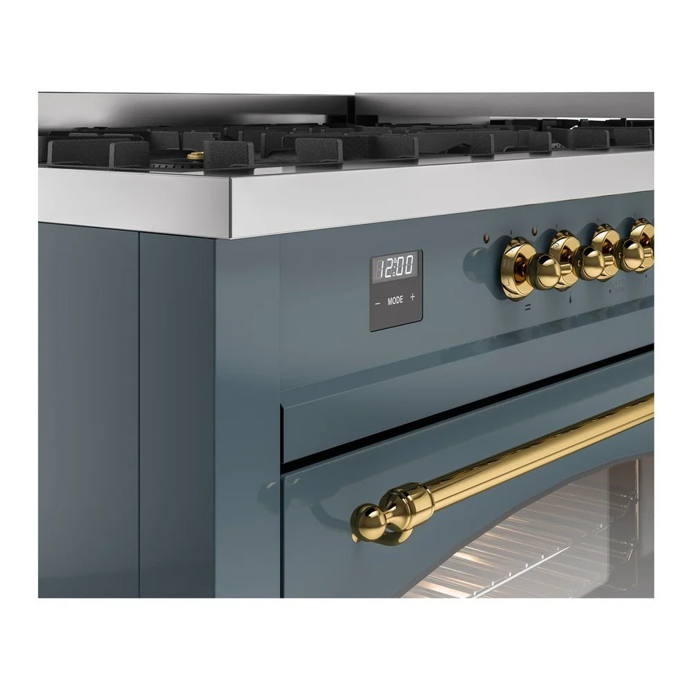 ILVE Nostalgie II 60" Dual Fuel Freestanding Range in Blue Grey with Brass Trim, UP60FNMPBGG