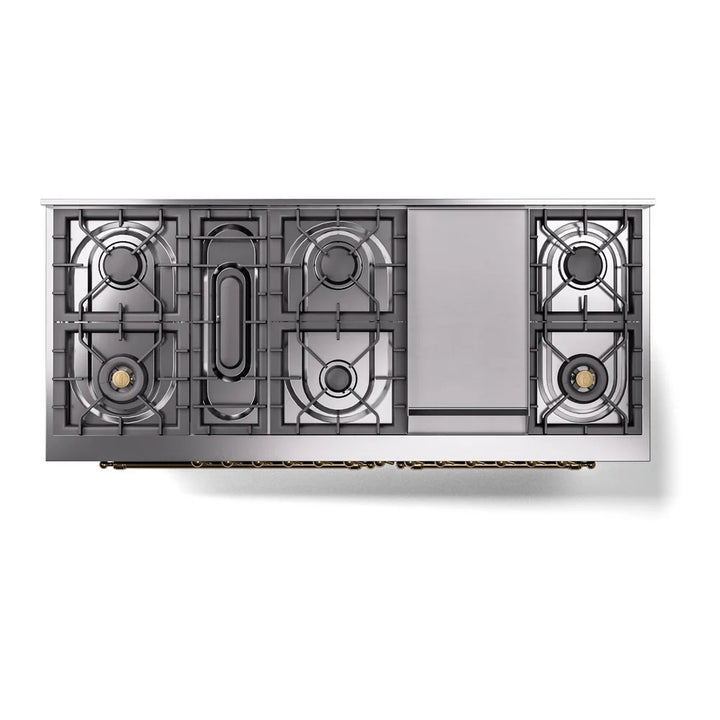 ILVE Nostalgie II 60" Dual Fuel Freestanding Range in Blue Grey with Brass Trim, UP60FNMPBGG