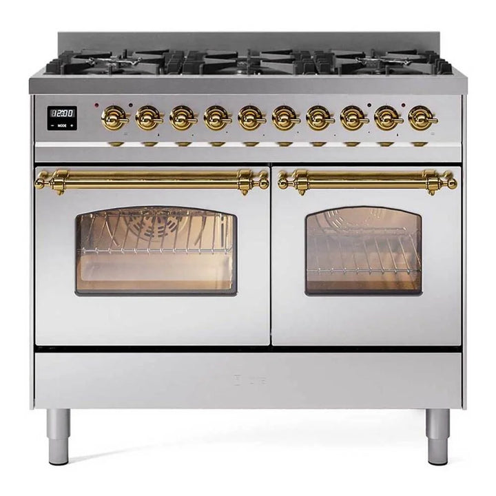 ILVE Nostalgie II 40" Dual Fuel Freestanding Range in Stainless Steel with Brass Trim, UPD406NMPSSG