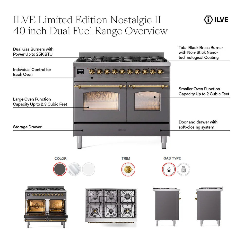 ILVE Nostalgie II 40" Dual Fuel Freestanding Range in Stainless Steel with Brass Trim, UPD406NMPSSG