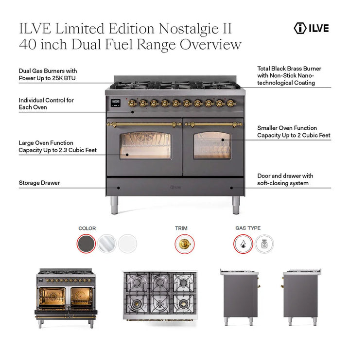ILVE Nostalgie II 40" Dual Fuel Freestanding Range in Stainless Steel with Brass Trim, UPD406NMPSSG