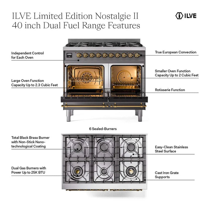 ILVE Nostalgie II 40" Dual Fuel Freestanding Range in Stainless Steel with Brass Trim, UPD406NMPSSG