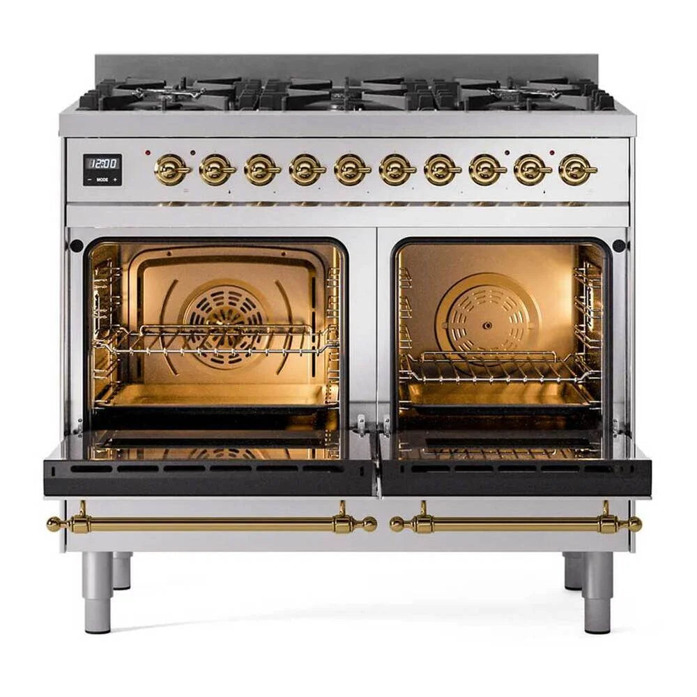 ILVE Nostalgie II 40" Dual Fuel Freestanding Range in Stainless Steel with Brass Trim, UPD406NMPSSG
