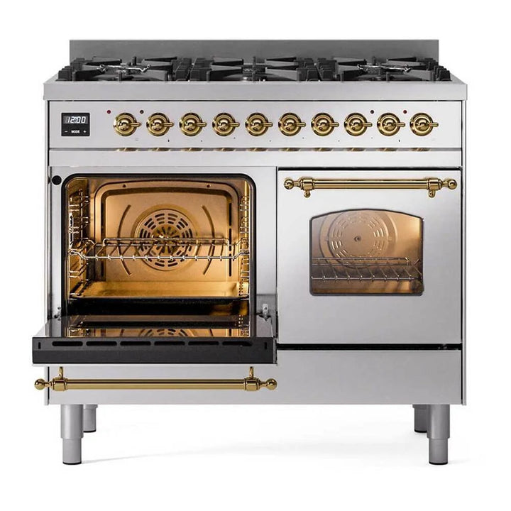 ILVE Nostalgie II 40" Dual Fuel Freestanding Range in Stainless Steel with Brass Trim, UPD406NMPSSG
