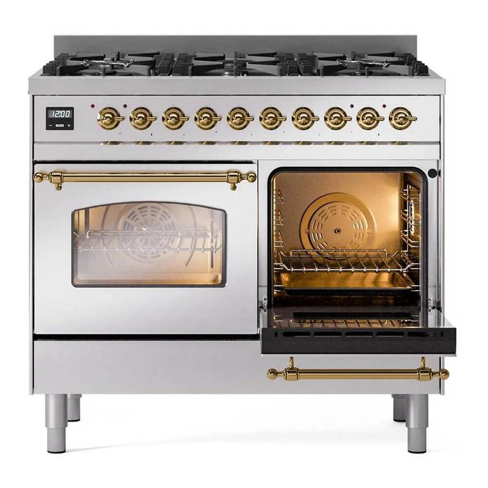 ILVE Nostalgie II 40" Dual Fuel Freestanding Range in Stainless Steel with Brass Trim, UPD406NMPSSG