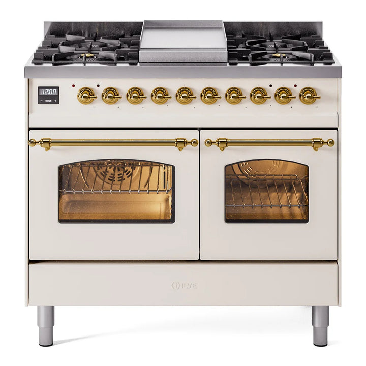 ILVE Nostalgie II 40" Dual Fuel Freestanding Range in Antique White with Brass Trim, UPD40FNMPAWGLP