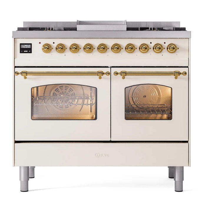 ILVE Nostalgie II 40" Dual Fuel Freestanding Range in Antique White with Brass Trim, UPD40FNMPAWGLP