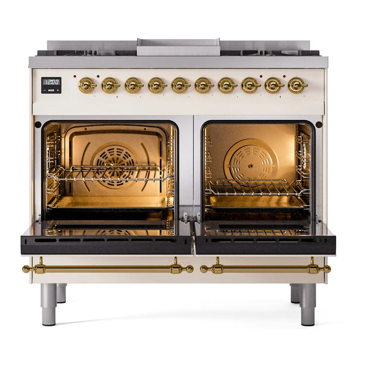 ILVE Nostalgie II 40" Dual Fuel Freestanding Range in Antique White with Brass Trim, UPD40FNMPAWGLP