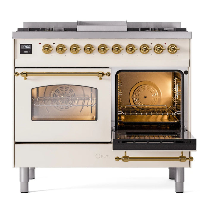 ILVE Nostalgie II 40" Dual Fuel Freestanding Range in Antique White with Brass Trim, UPD40FNMPAWGLP