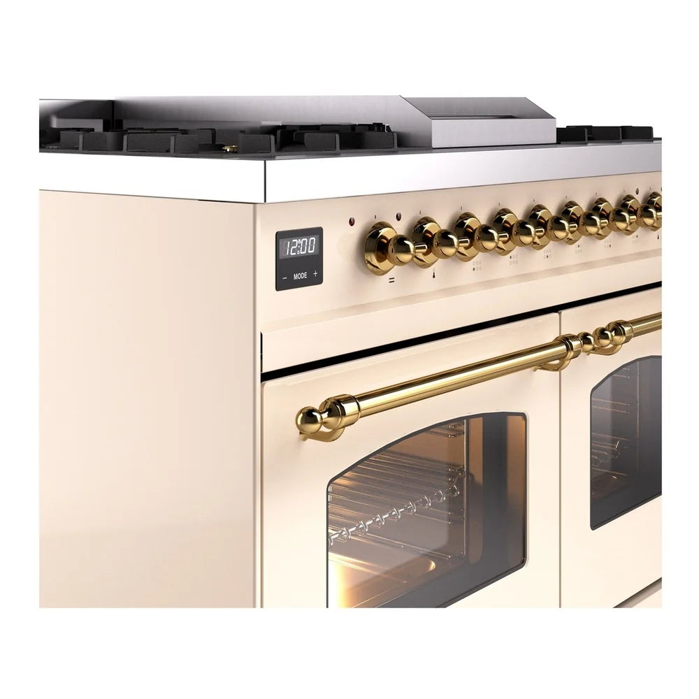 ILVE Nostalgie II 40" Dual Fuel Freestanding Range in Antique White with Brass Trim, UPD40FNMPAWGLP