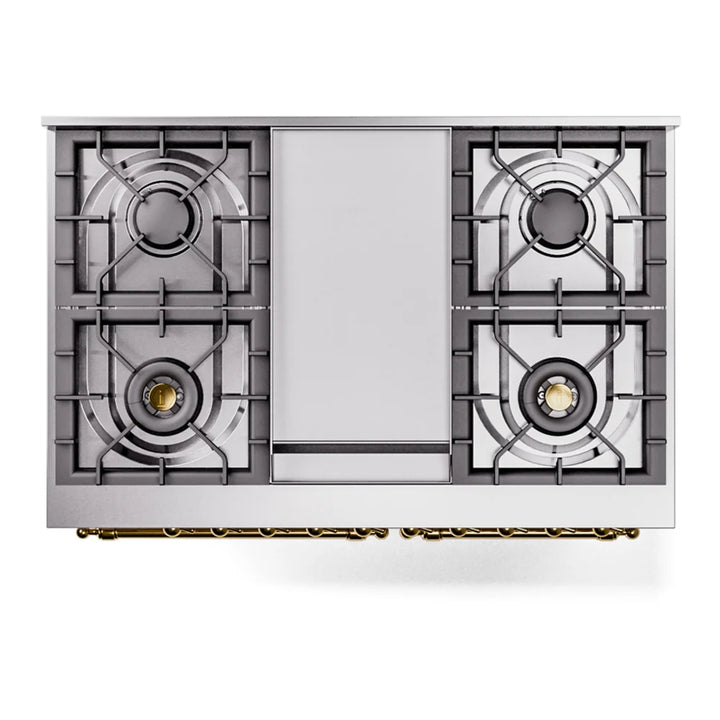 ILVE Nostalgie II 40" Dual Fuel Freestanding Range in Antique White with Brass Trim, UPD40FNMPAWGLP