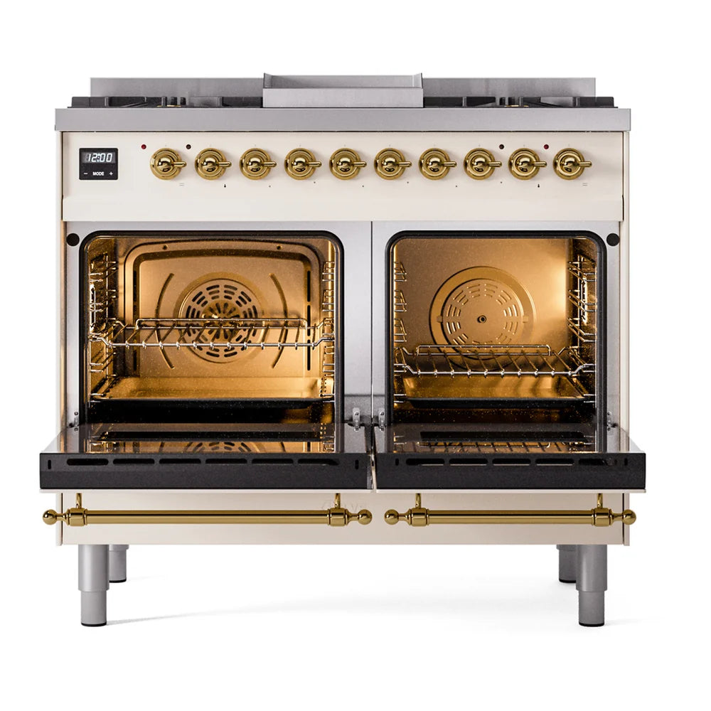 ILVE Nostalgie II 40" Dual Fuel Freestanding Range in Antique White with Brass Trim, UPD40FNMPAWG