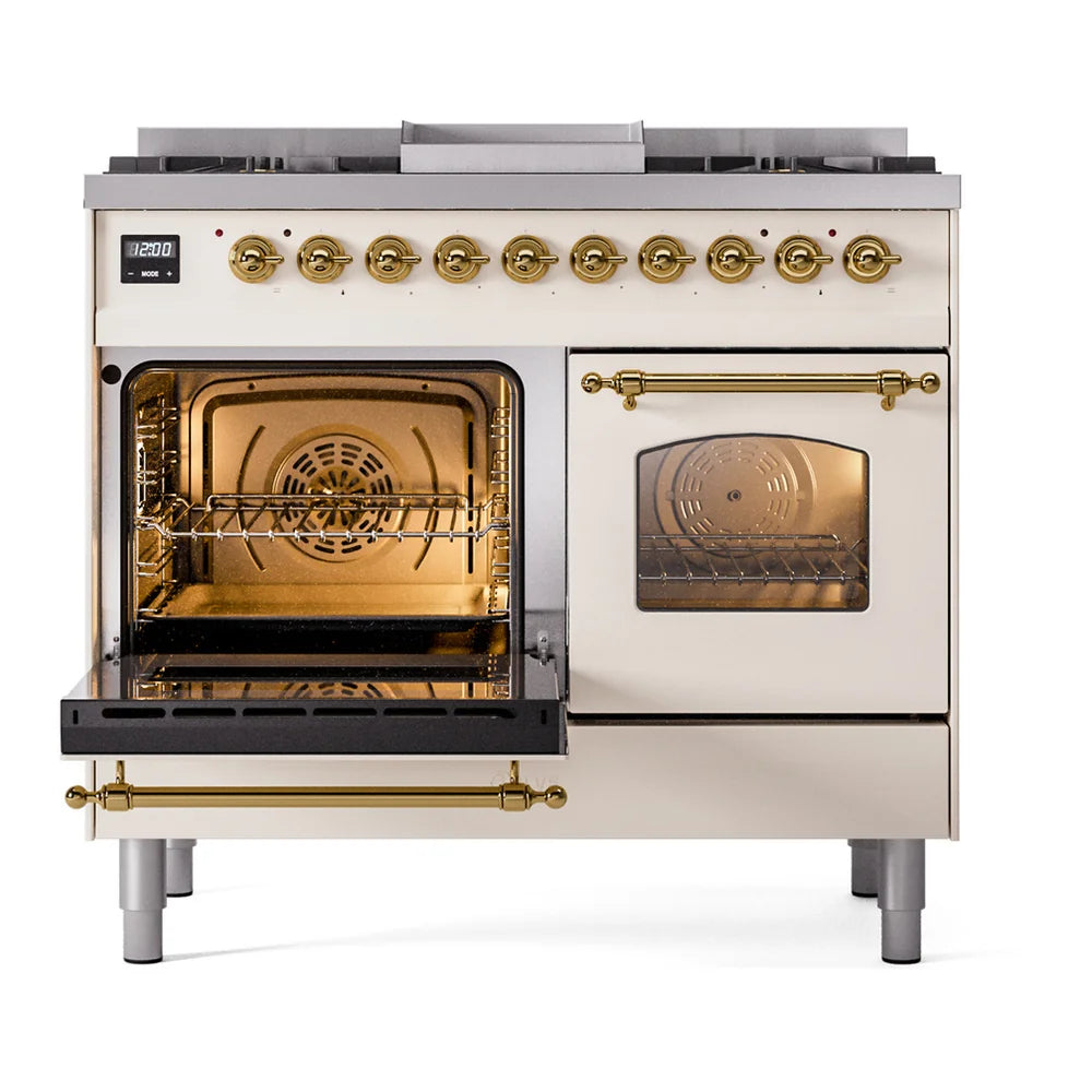 ILVE Nostalgie II 40" Dual Fuel Freestanding Range in Antique White with Brass Trim, UPD40FNMPAWG