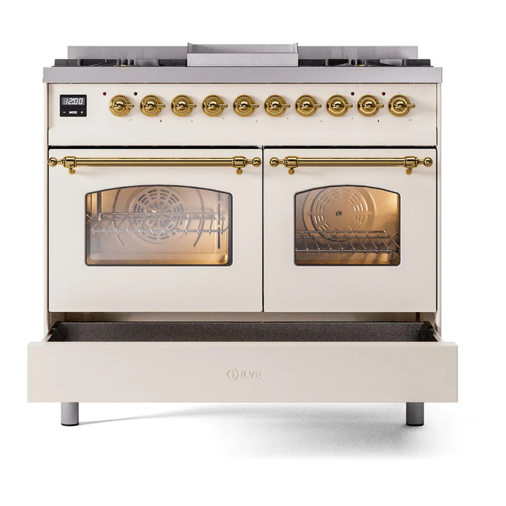 ILVE Nostalgie II 40" Dual Fuel Freestanding Range in Antique White with Brass Trim, UPD40FNMPAWG