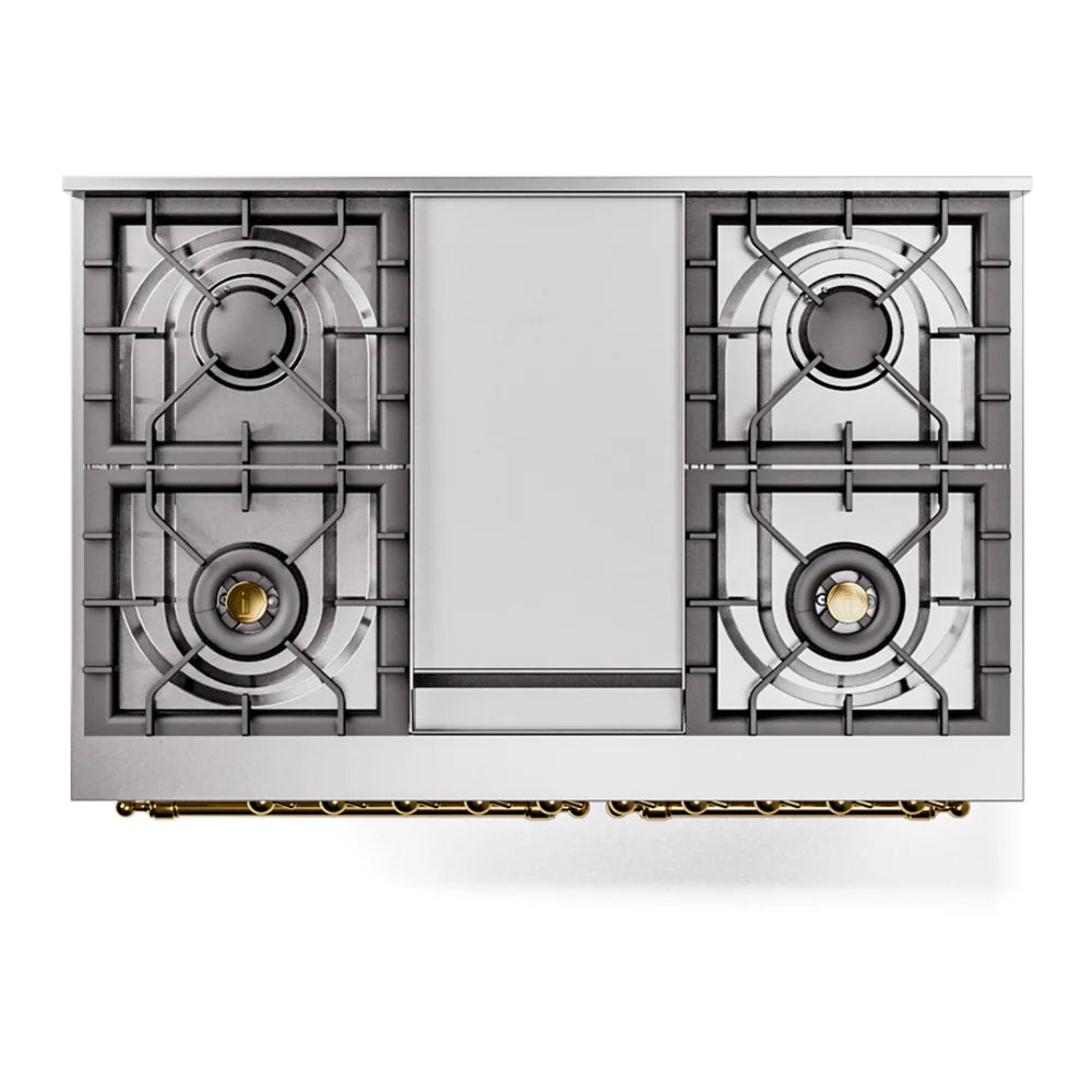 ILVE Nostalgie II 40" Dual Fuel Freestanding Range in Antique White with Brass Trim, UPD40FNMPAWG