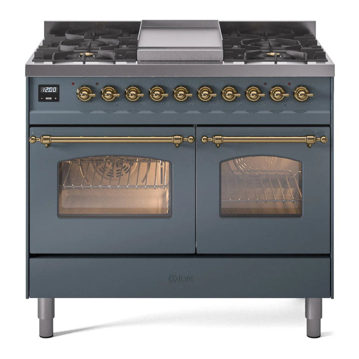 ILVE Nostalgie II 40" Dual Fuel Freestanding Range in Blue Grey with Brass Trim, UPD40FNMPBGG
