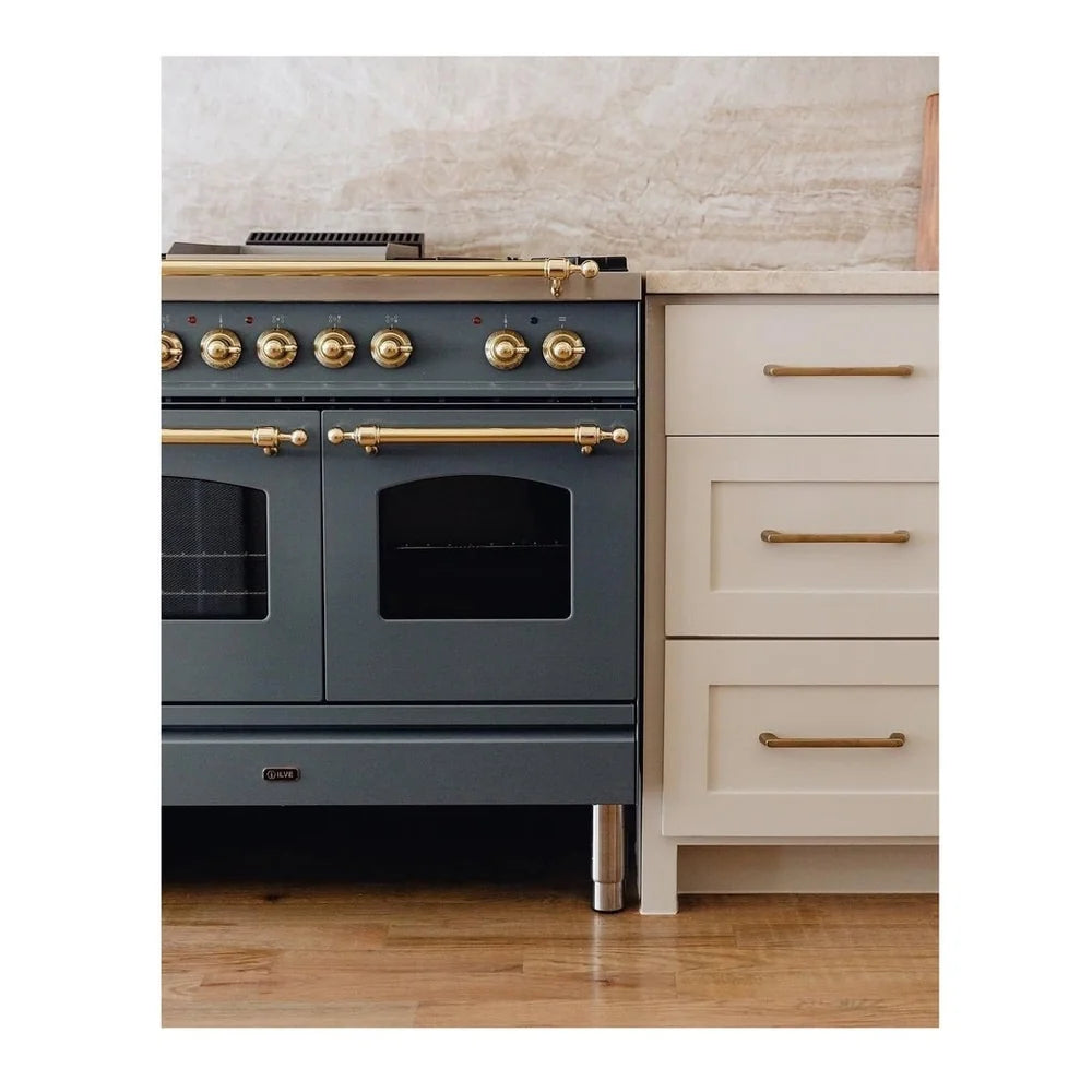 ILVE Nostalgie II 40" Dual Fuel Freestanding Range in Blue Grey with Brass Trim, UPD40FNMPBGG
