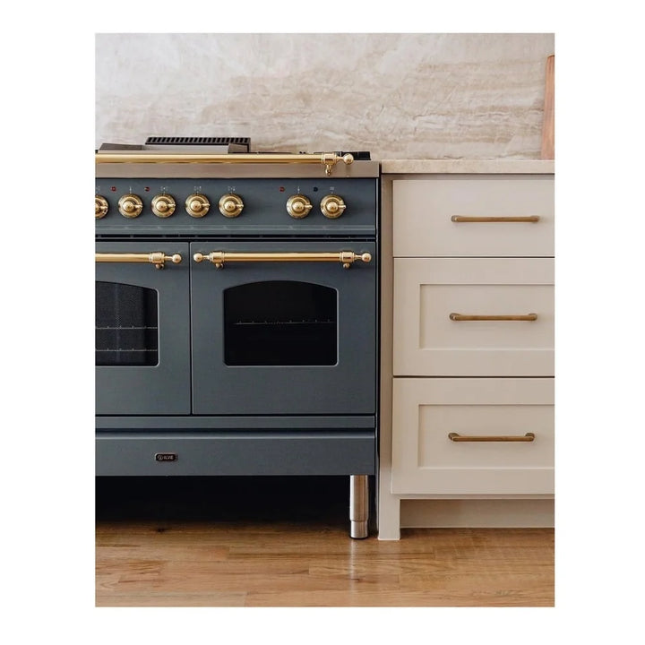 ILVE Nostalgie II 40" Dual Fuel Freestanding Range in Blue Grey with Brass Trim, UPD40FNMPBGG