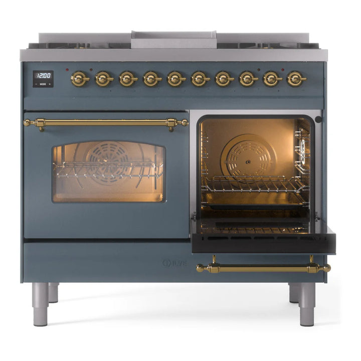 ILVE Nostalgie II 40" Dual Fuel Freestanding Range in Blue Grey with Brass Trim, UPD40FNMPBGG
