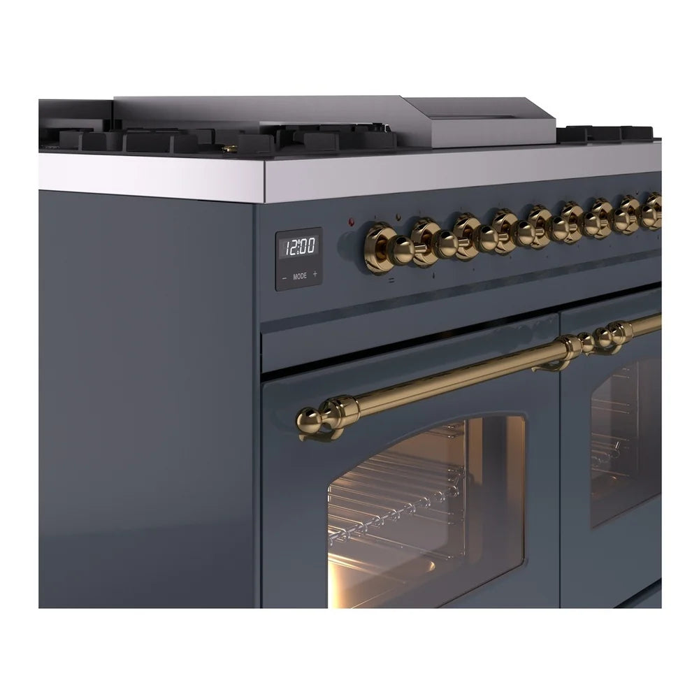 ILVE Nostalgie II 40" Dual Fuel Freestanding Range in Blue Grey with Brass Trim, UPD40FNMPBGG