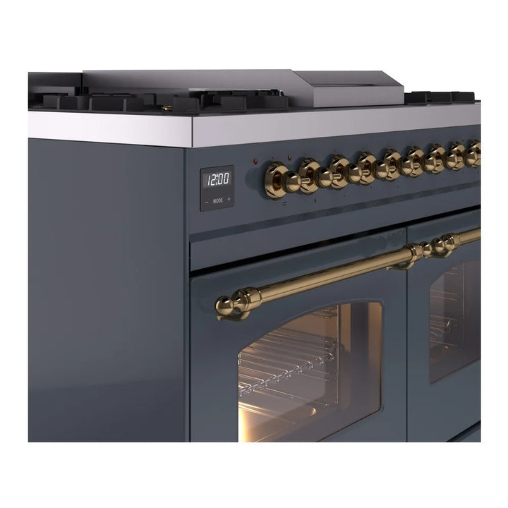 ILVE Nostalgie II 40" Dual Fuel Freestanding Range in Blue Grey with Brass Trim, UPD40FNMPBGG