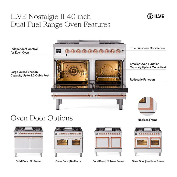 ILVE Nostalgie II 40" Dual Fuel Freestanding Range in Glossy Black with Brass Trim, UPD40FNMPBKGLP