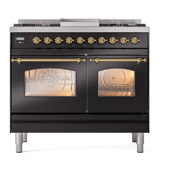 ILVE Nostalgie II 40" Dual Fuel Freestanding Range in Glossy Black with Brass Trim, UPD40FNMPBKGLP