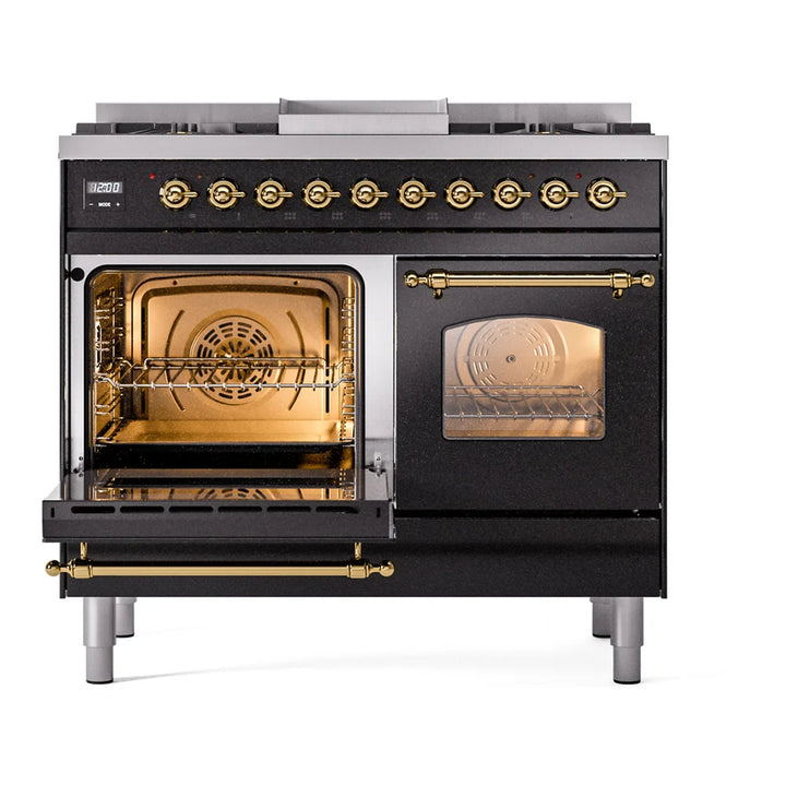 ILVE Nostalgie II 40" Dual Fuel Freestanding Range in Glossy Black with Brass Trim, UPD40FNMPBKGLP