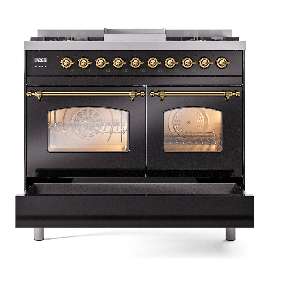 ILVE Nostalgie II 40" Dual Fuel Freestanding Range in Glossy Black with Brass Trim, UPD40FNMPBKGLP