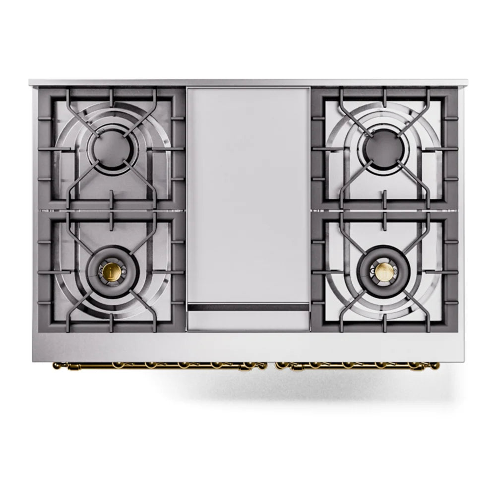 ILVE Nostalgie II 40" Dual Fuel Freestanding Range in Glossy Black with Brass Trim, UPD40FNMPBKGLP