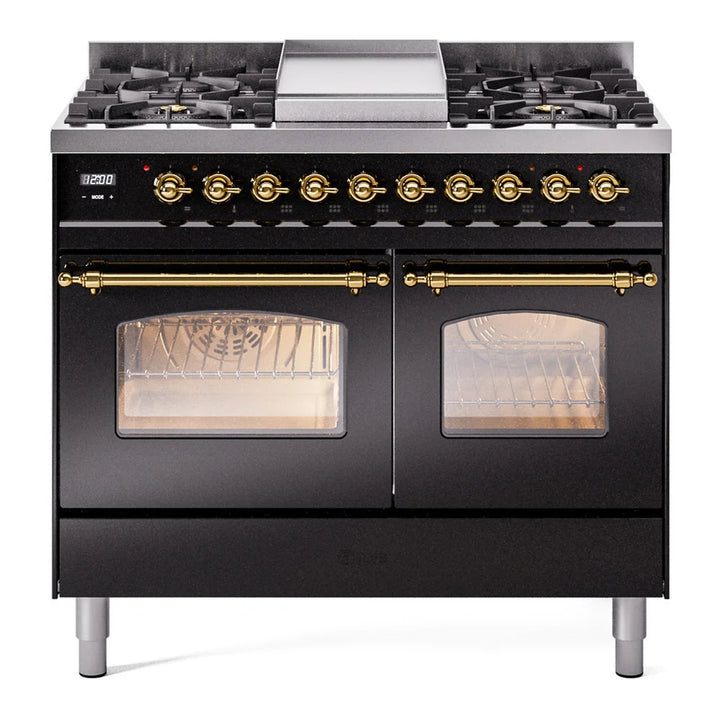ILVE Nostalgie II 40" Dual Fuel Freestanding Range in Glossy Black with Brass Trim, UPD40FNMPBKG