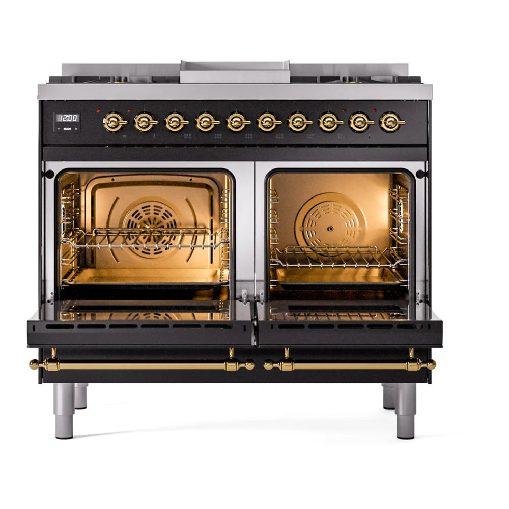 ILVE Nostalgie II 40" Dual Fuel Freestanding Range in Glossy Black with Brass Trim, UPD40FNMPBKG