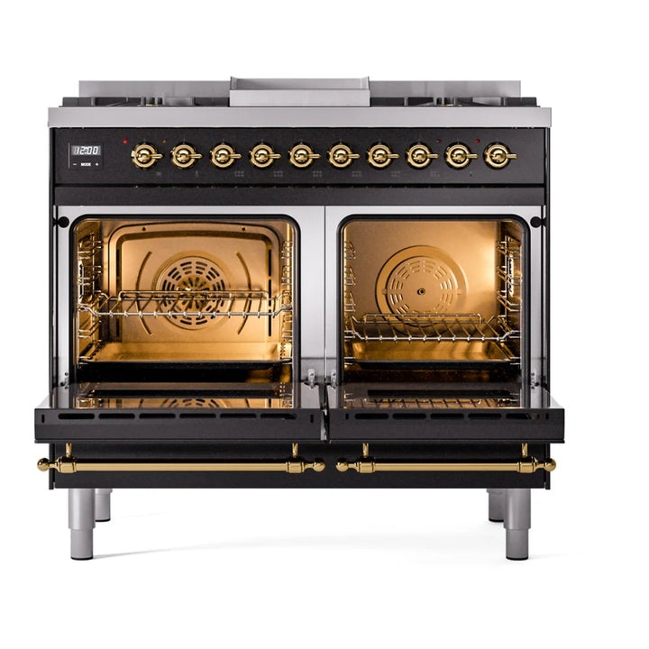 ILVE Nostalgie II 40" Dual Fuel Freestanding Range in Glossy Black with Brass Trim, UPD40FNMPBKG