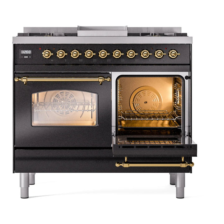 ILVE Nostalgie II 40" Dual Fuel Freestanding Range in Glossy Black with Brass Trim, UPD40FNMPBKG