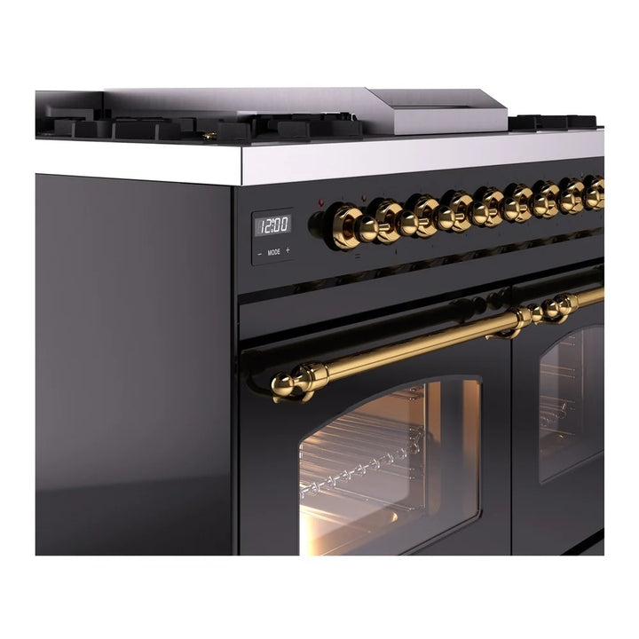 ILVE Nostalgie II 40" Dual Fuel Freestanding Range in Glossy Black with Brass Trim, UPD40FNMPBKG