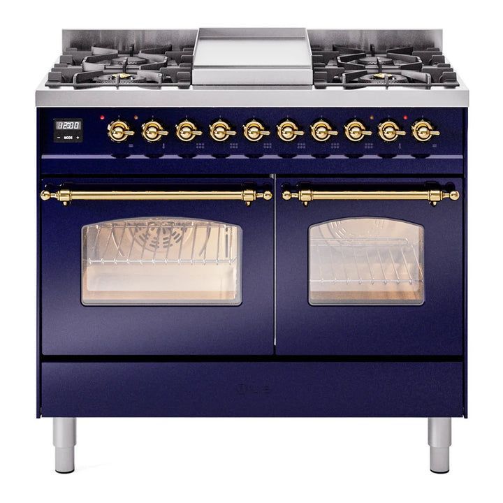 ILVE Nostalgie II 40" Dual Fuel Freestanding Range in Midnight Blue with Brass Trim, UPD40FNMPMBG