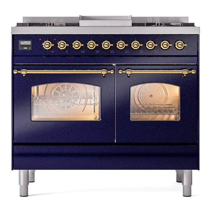 ILVE Nostalgie II 40" Dual Fuel Freestanding Range in Midnight Blue with Brass Trim, UPD40FNMPMBG