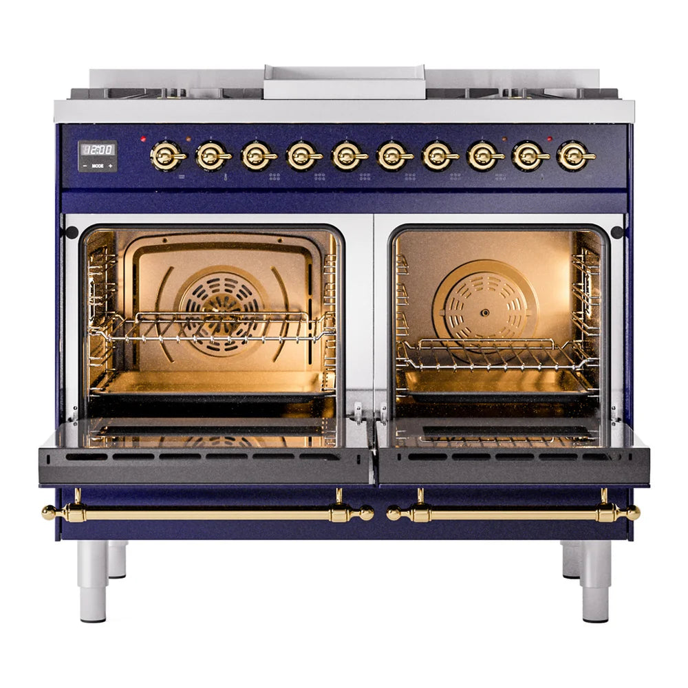 ILVE Nostalgie II 40" Dual Fuel Freestanding Range in Midnight Blue with Brass Trim, UPD40FNMPMBG