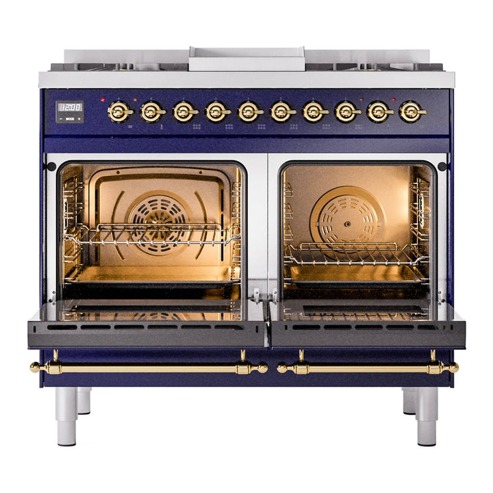 ILVE Nostalgie II 40" Dual Fuel Freestanding Range in Midnight Blue with Brass Trim, UPD40FNMPMBG