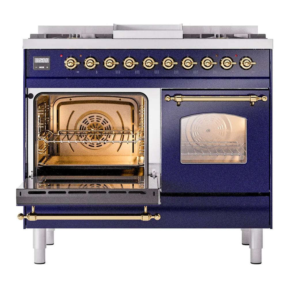 ILVE Nostalgie II 40" Dual Fuel Freestanding Range in Midnight Blue with Brass Trim, UPD40FNMPMBG