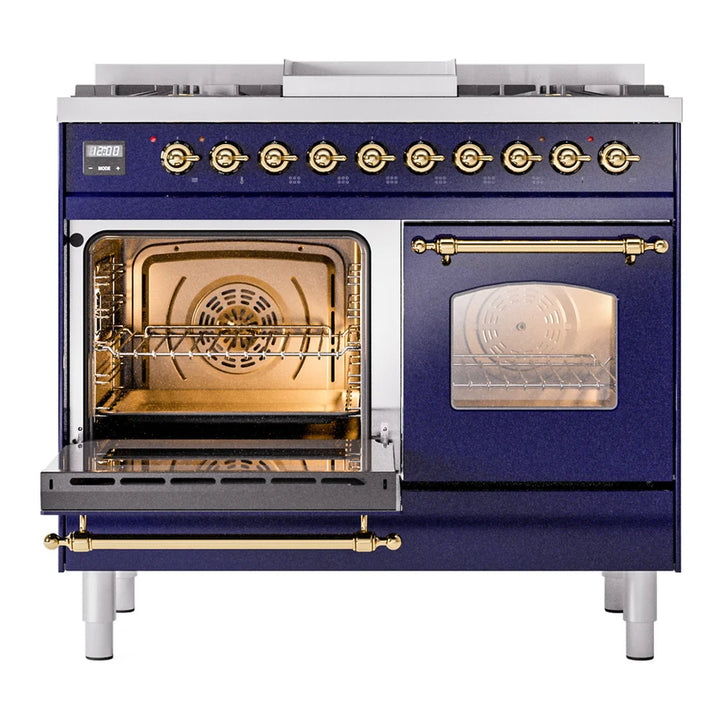 ILVE Nostalgie II 40" Dual Fuel Freestanding Range in Midnight Blue with Brass Trim, UPD40FNMPMBG