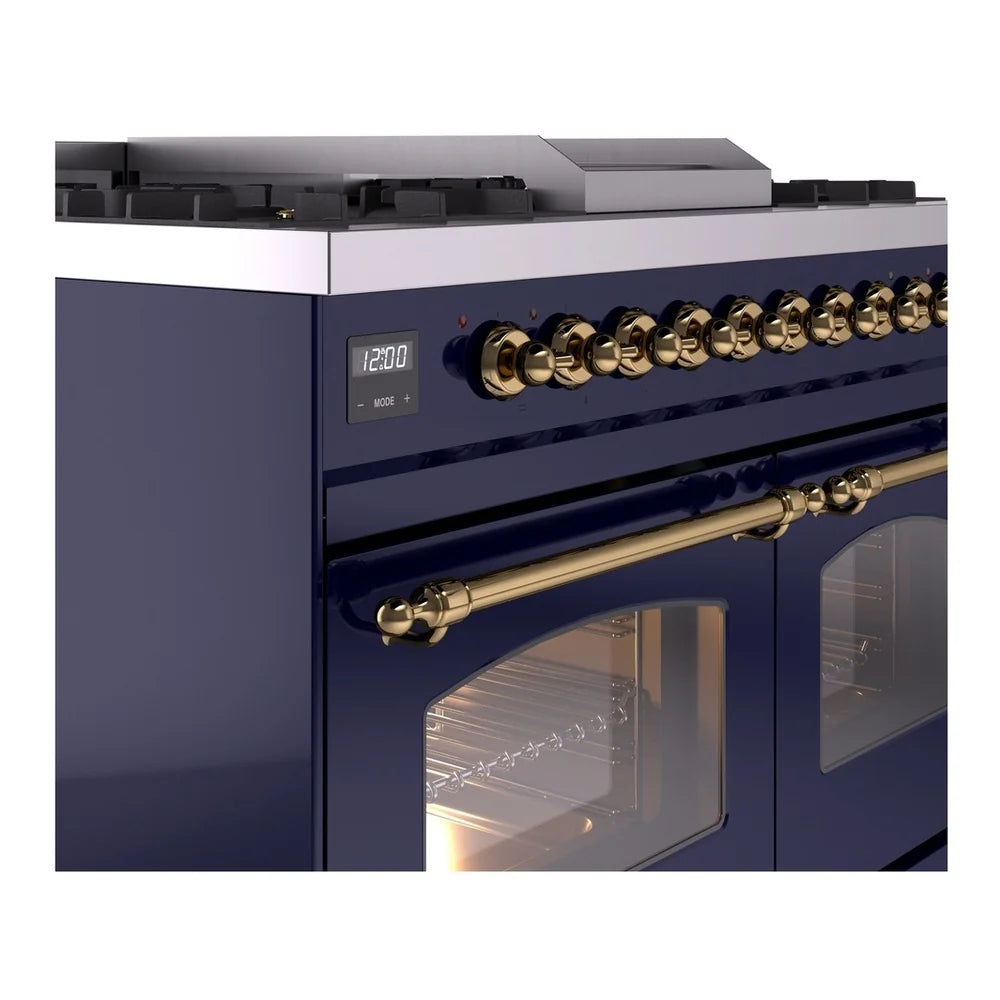 ILVE Nostalgie II 40" Dual Fuel Freestanding Range in Midnight Blue with Brass Trim, UPD40FNMPMBG