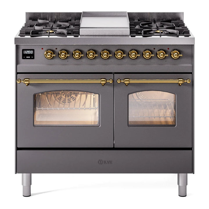ILVE Nostalgie II 40" Dual Fuel Freestanding Range in Graphite Matte with Brass Trim, UPD40FNMPMGG