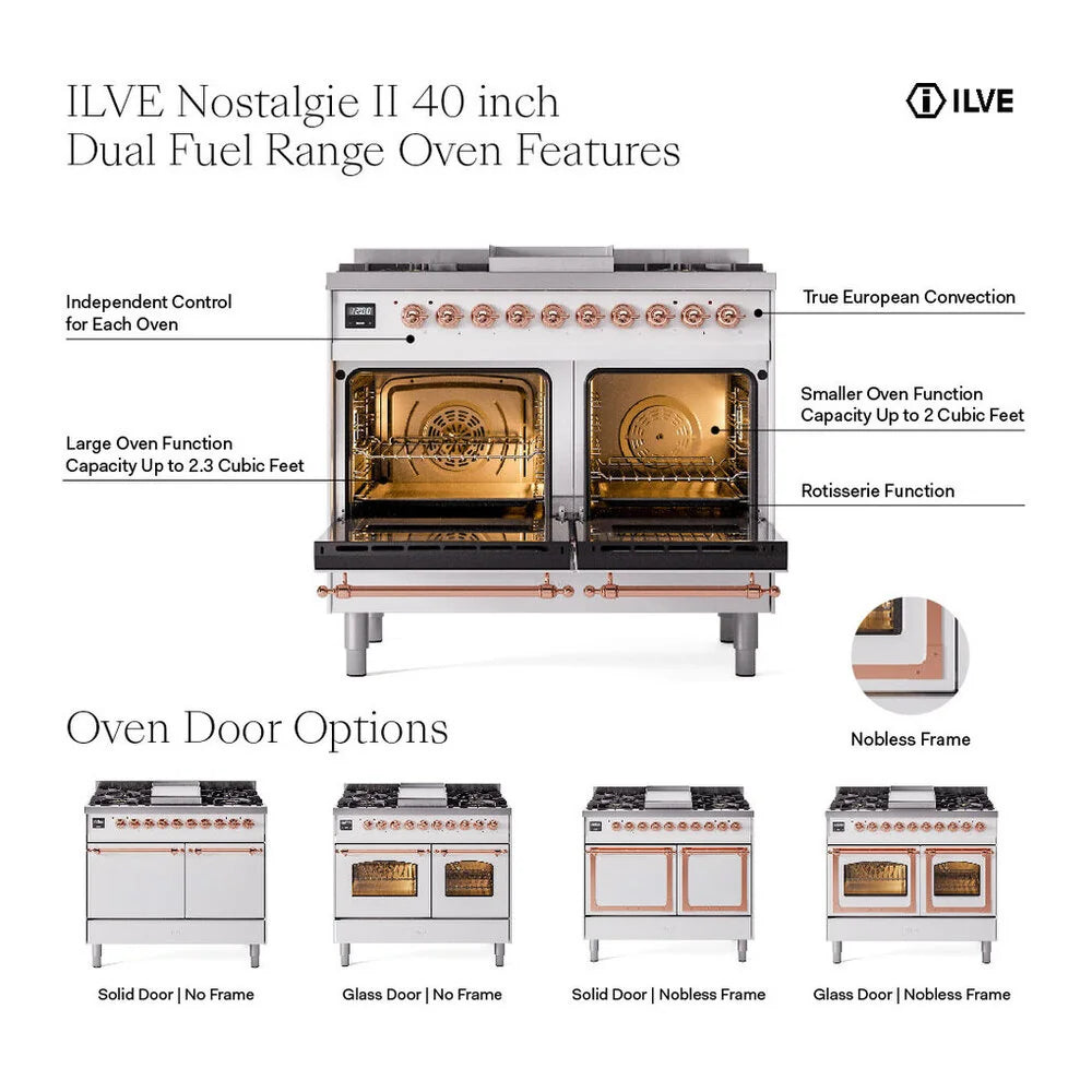 ILVE Nostalgie II 40" Dual Fuel Freestanding Range in Graphite Matte with Brass Trim, UPD40FNMPMGG