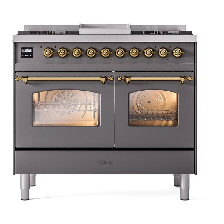 ILVE Nostalgie II 40" Dual Fuel Freestanding Range in Graphite Matte with Brass Trim, UPD40FNMPMGG